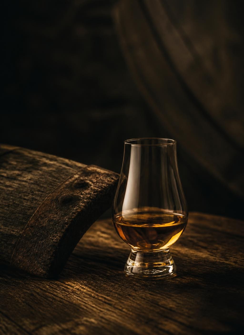A Glencairn glass of Scotch whisky beside an oak cask stave